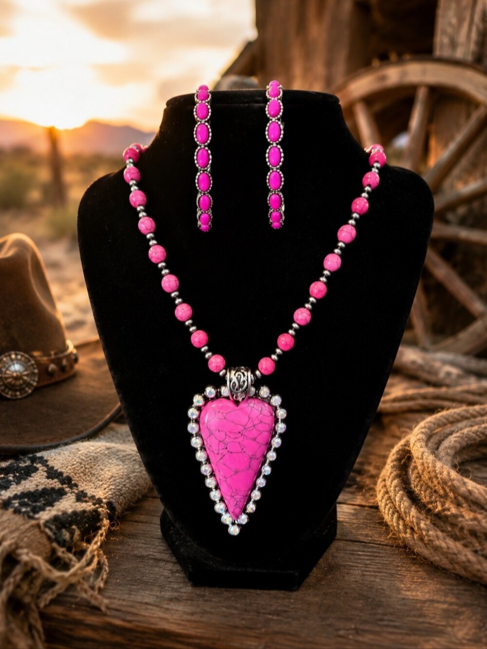Pink Heart Pendant Necklace and Earrings Set